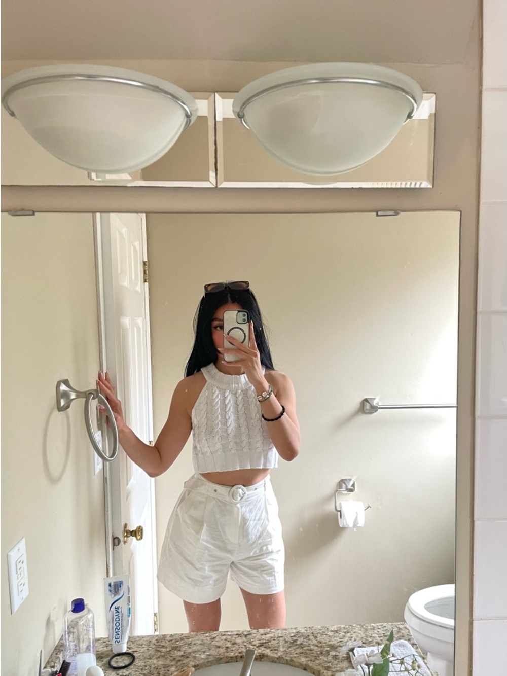 MINKPINK White High-Waist Shorts with Fabric Belt (One of one sample)